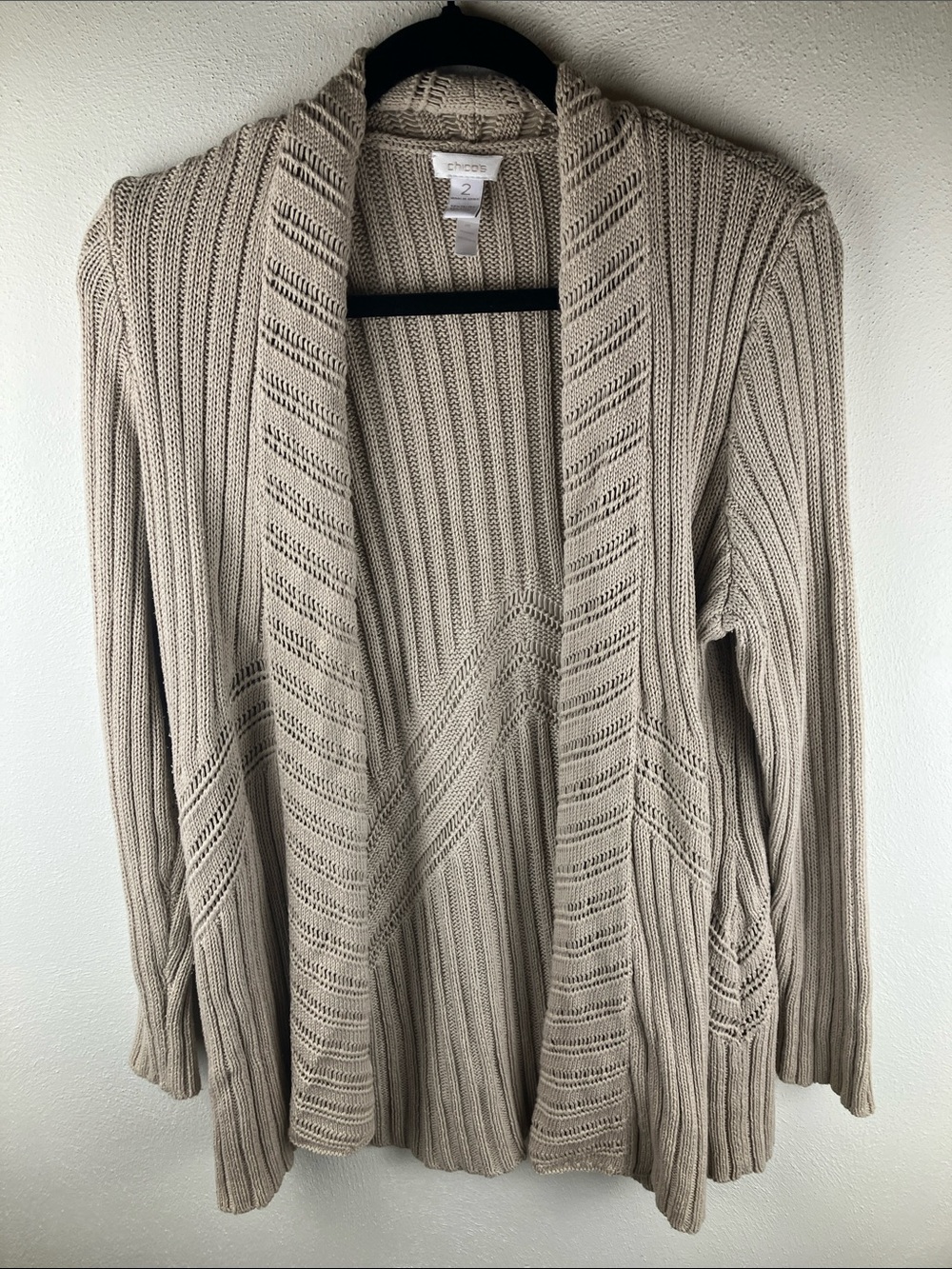 Chico's Oatmeal Beige Open Front Ribbed Cardigan Sweater Size 2  US Large/12-14